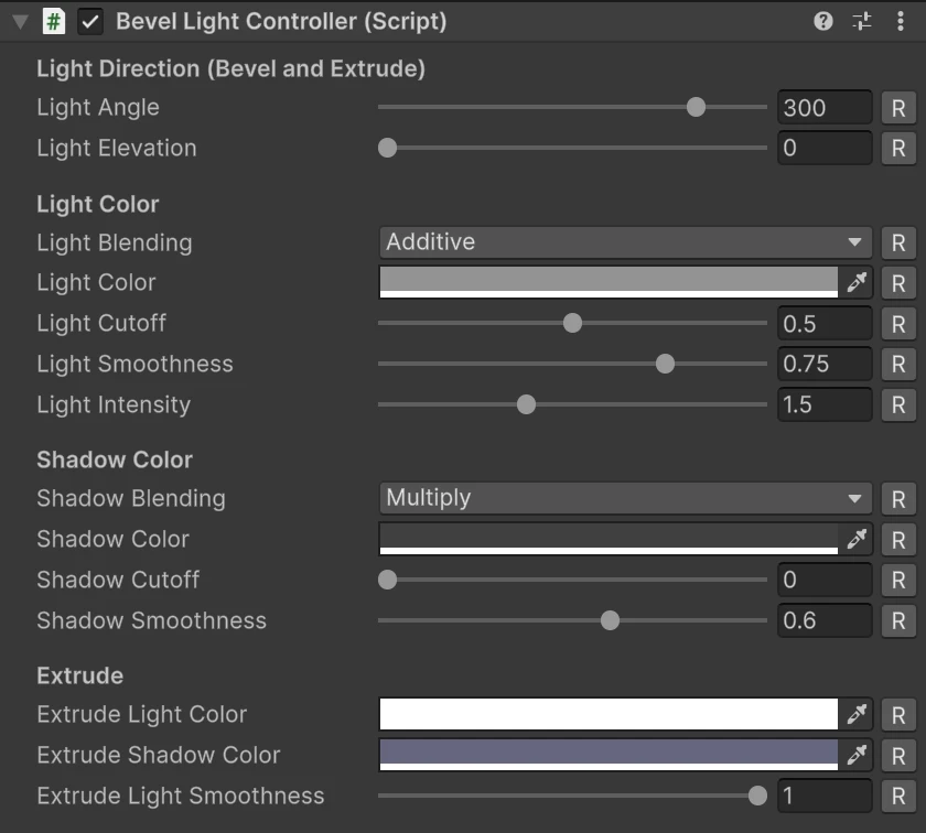 The Bevel Light Controller in the Inspector, with its four sections and R buttons
