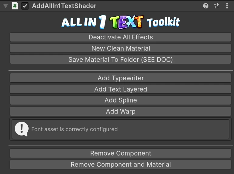 The All In 1 Text Shader component in the Inspector, with its buttons and font check
