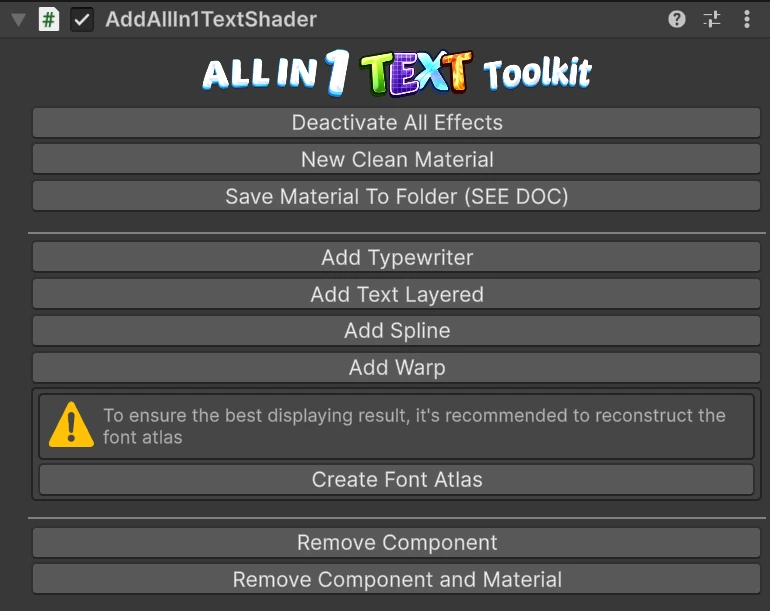 The component's font check suggesting to reconstruct the font atlas, with the Create Font Atlas button