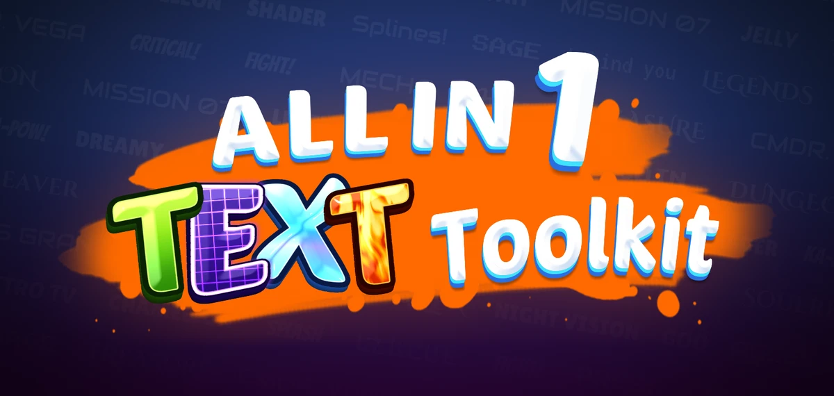 The Asset Title showcase: ALL IN 1 TEXT Toolkit in bevelled, outlined and extruded letters