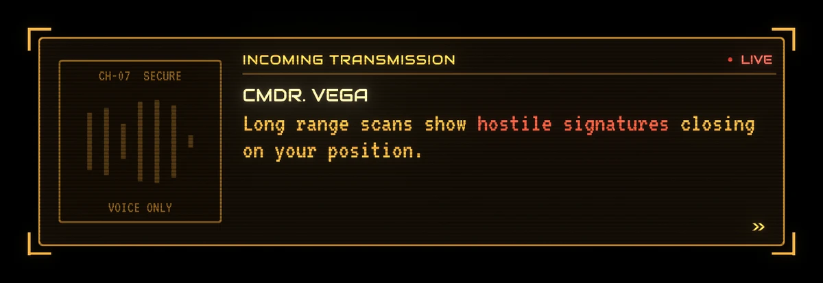 The demo's Comms: an incoming transmission typed out on a radio panel