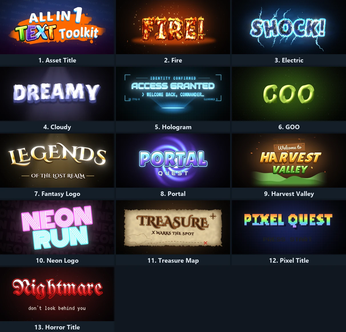 Showcases 1 to 13, from Asset Title to Horror Title
