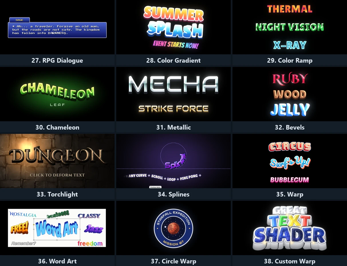 Showcases 27 to 38, from RPG Dialogue to Custom Warp