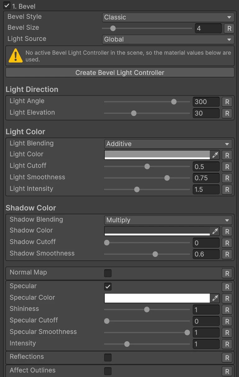The Bevel section set to Global with no controller in the scene, showing the warning and the Create Bevel Light Controller button