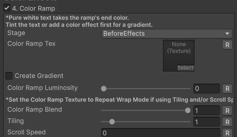 The Color Ramp section, with its note for white text, the Create Gradient toggle and the wrap mode reminder