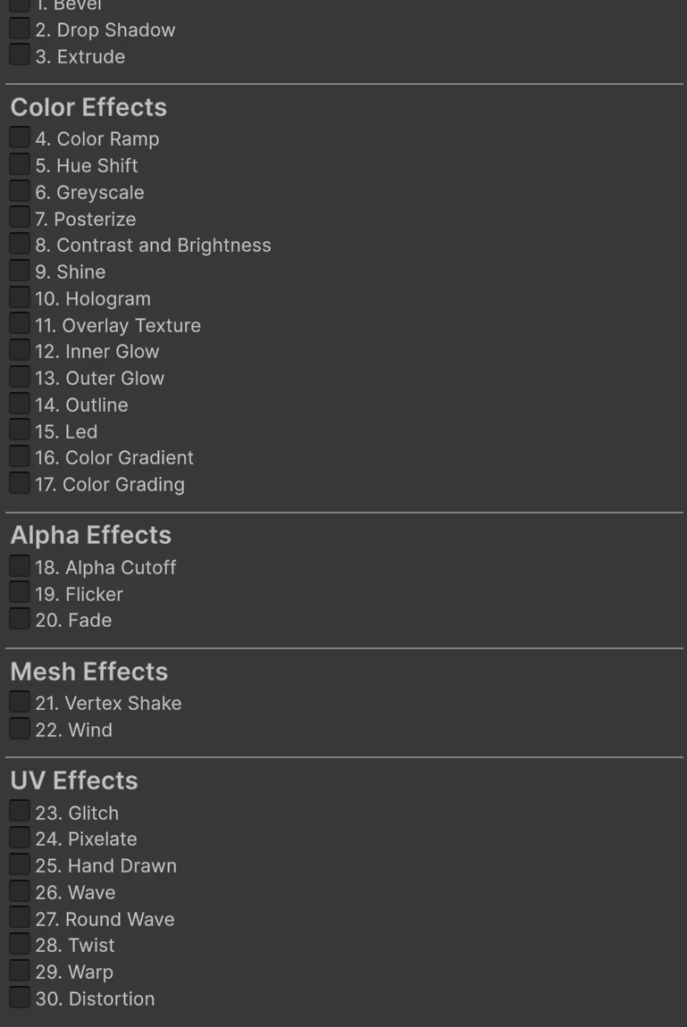 The material inspector's 30 effects in five groups, each with its numbered toggle