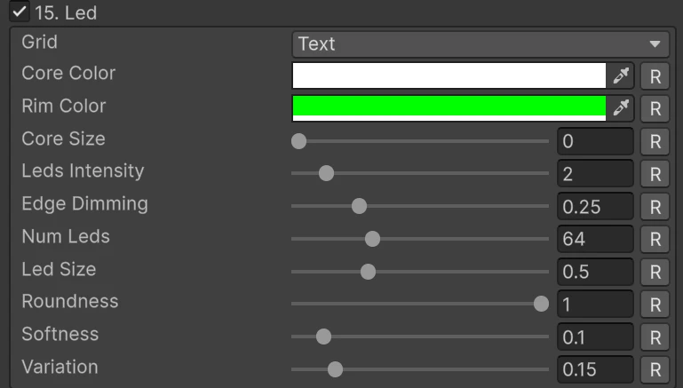 The Led section of the material inspector with the Text grid