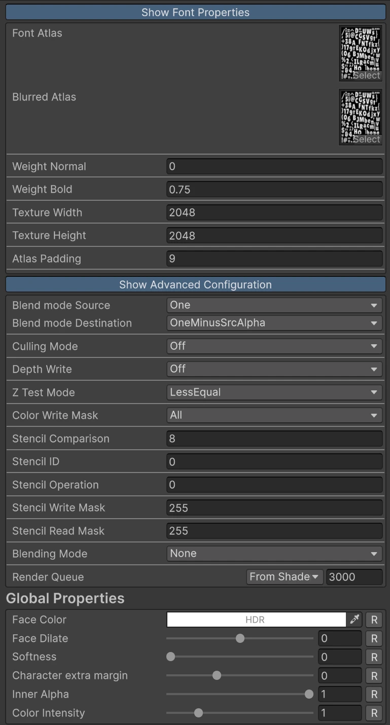 The top of the material inspector, with Show Font Properties and Show Advanced Configuration open, then Global Properties