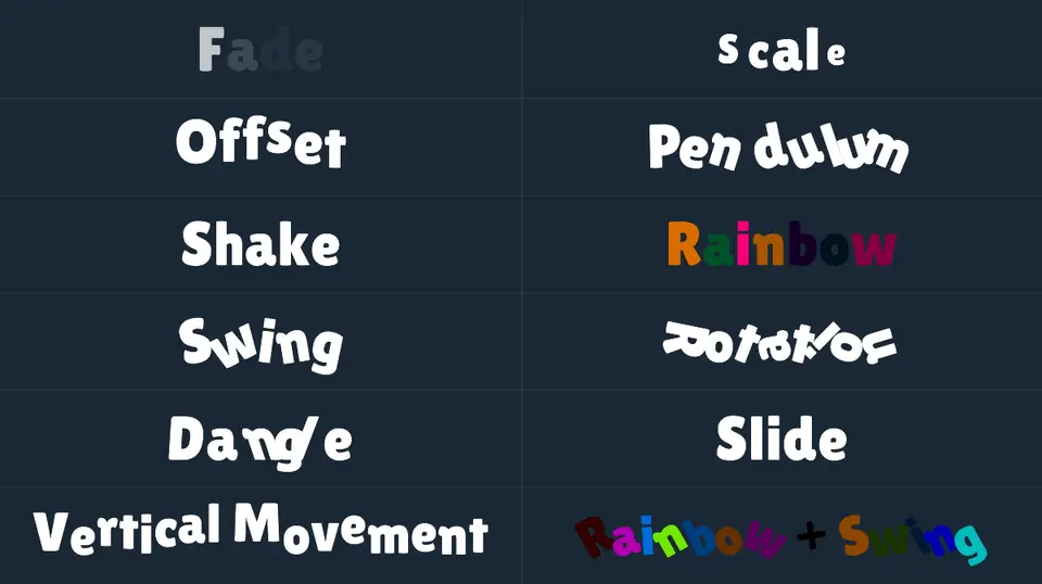 The eleven looped effects on their own, each shown on its own name, and Rainbow with Swing stacked