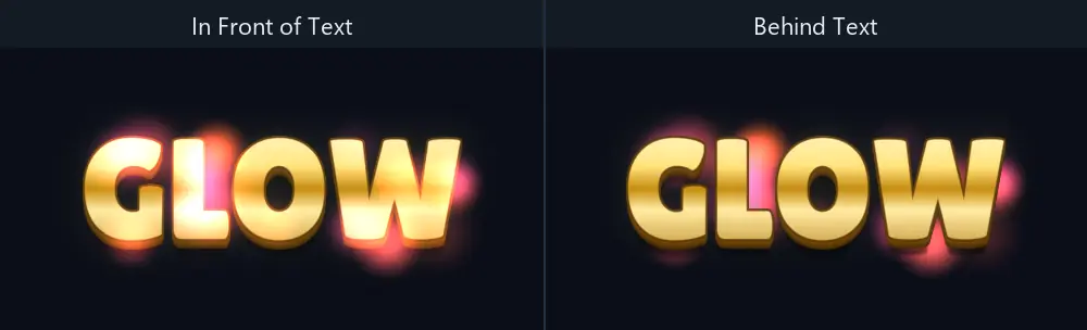 Big soft glows born on the letters of GLOW, drawn in front of the text and behind it