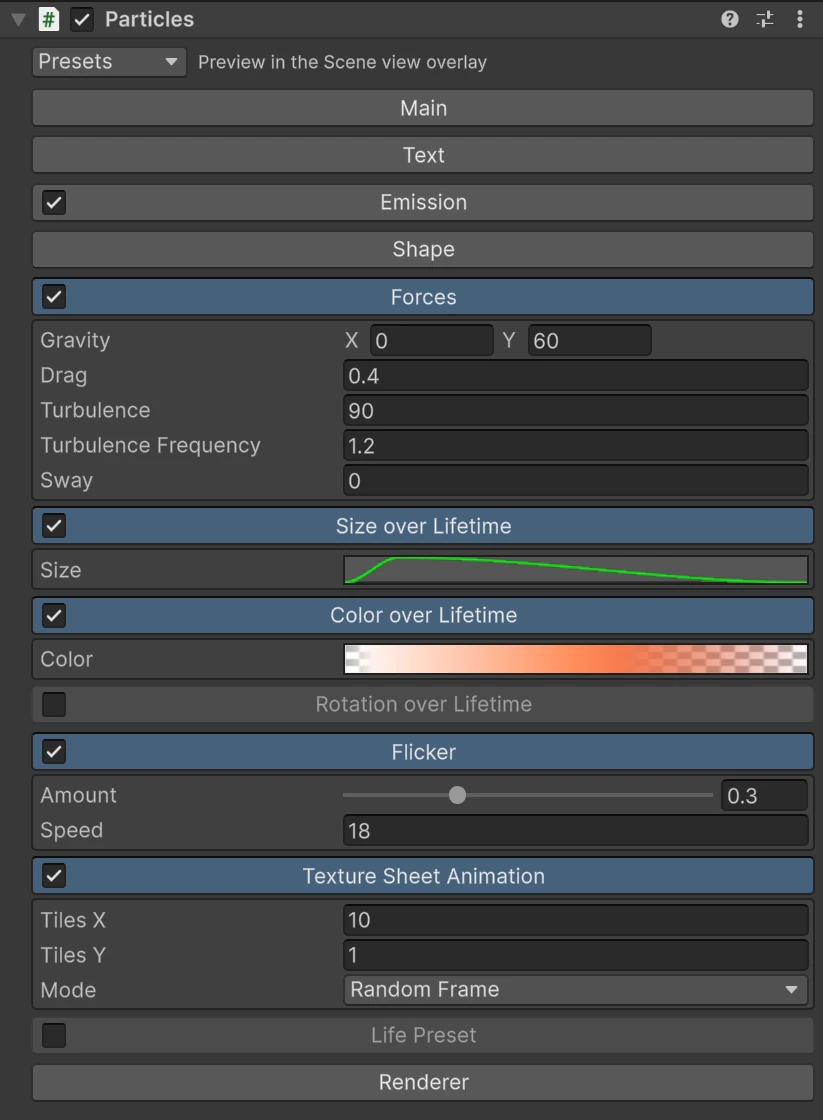 The Forces, Size over Lifetime, Color over Lifetime, Flicker and Texture Sheet Animation modules of the Embers preset