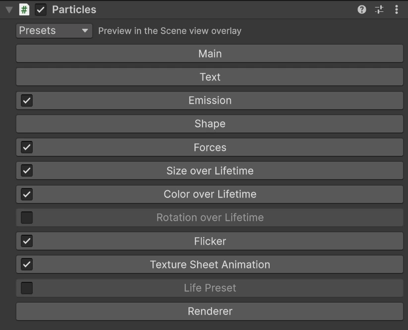The Particles component with its modules closed, the Presets menu above them