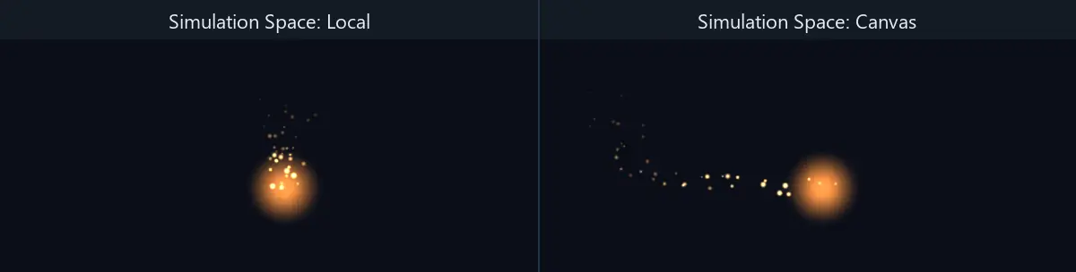 A torch swept left and right: with Local the embers ride along with it, with Canvas they stay behind as a trail