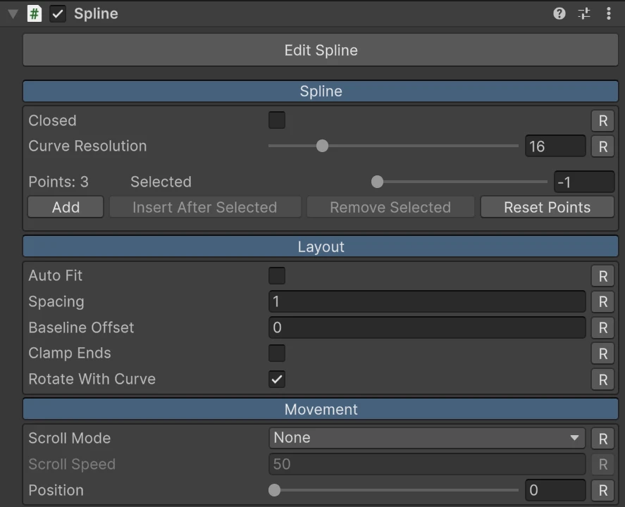 The spline inspector's Spline, Layout and Movement sections