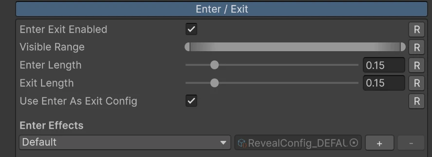 The Enter / Exit section with the visible range and the enter and exit lengths