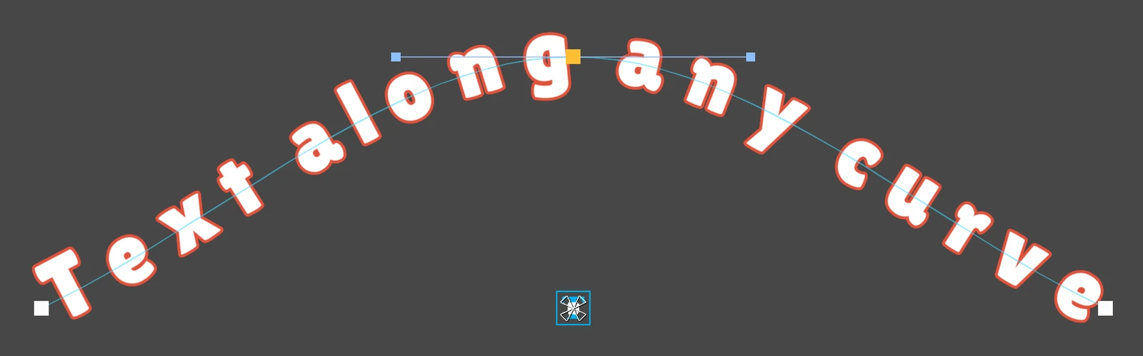 A text on an arch in the Scene view while editing: the curve's points, the selected point in orange with its two tangent handles