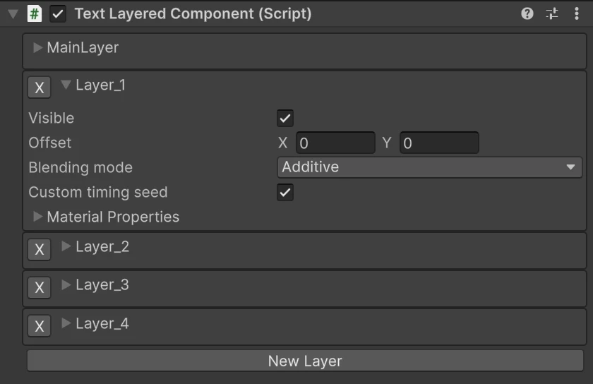 The Text Layered component with four layers, the first one open