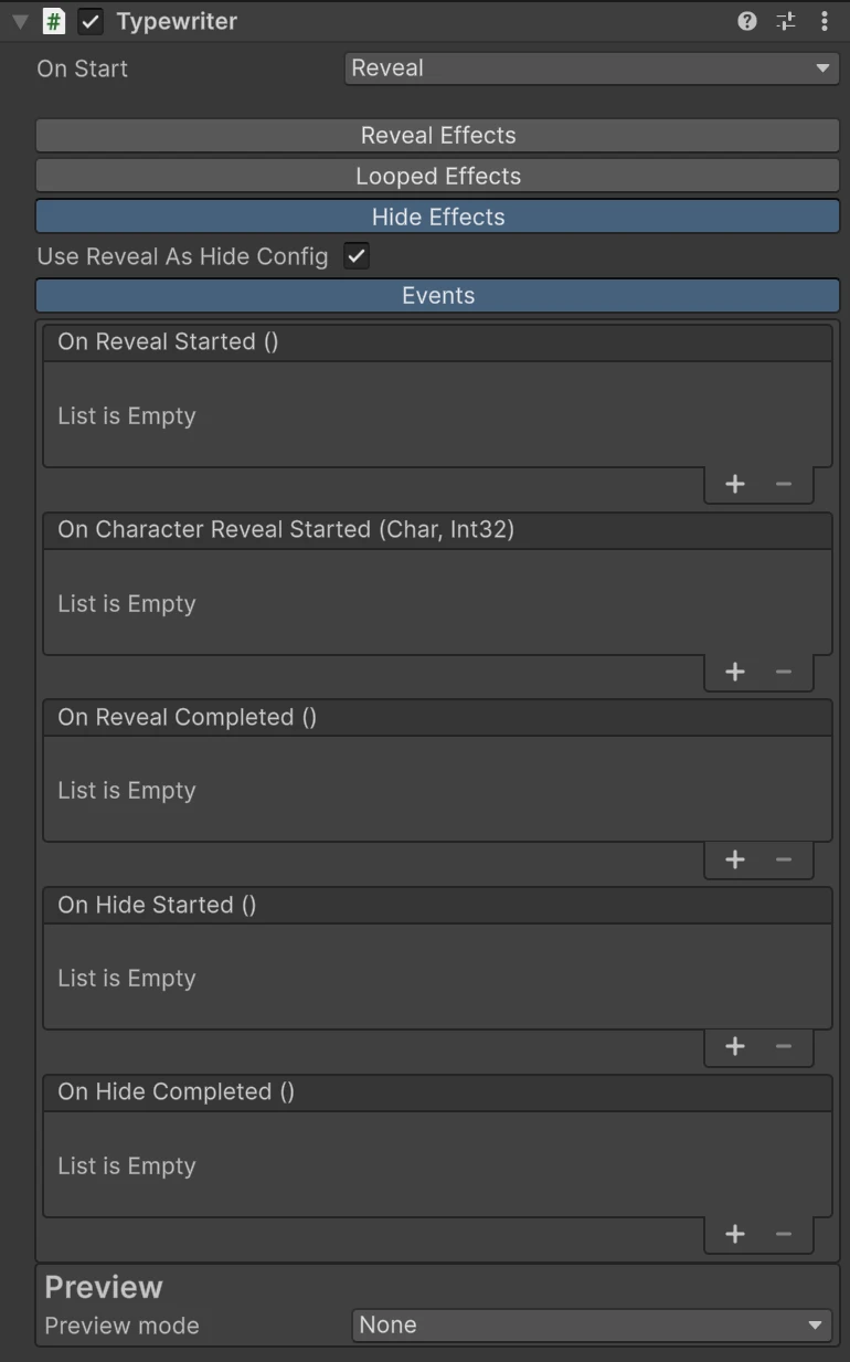 The Events section with its five UnityEvents