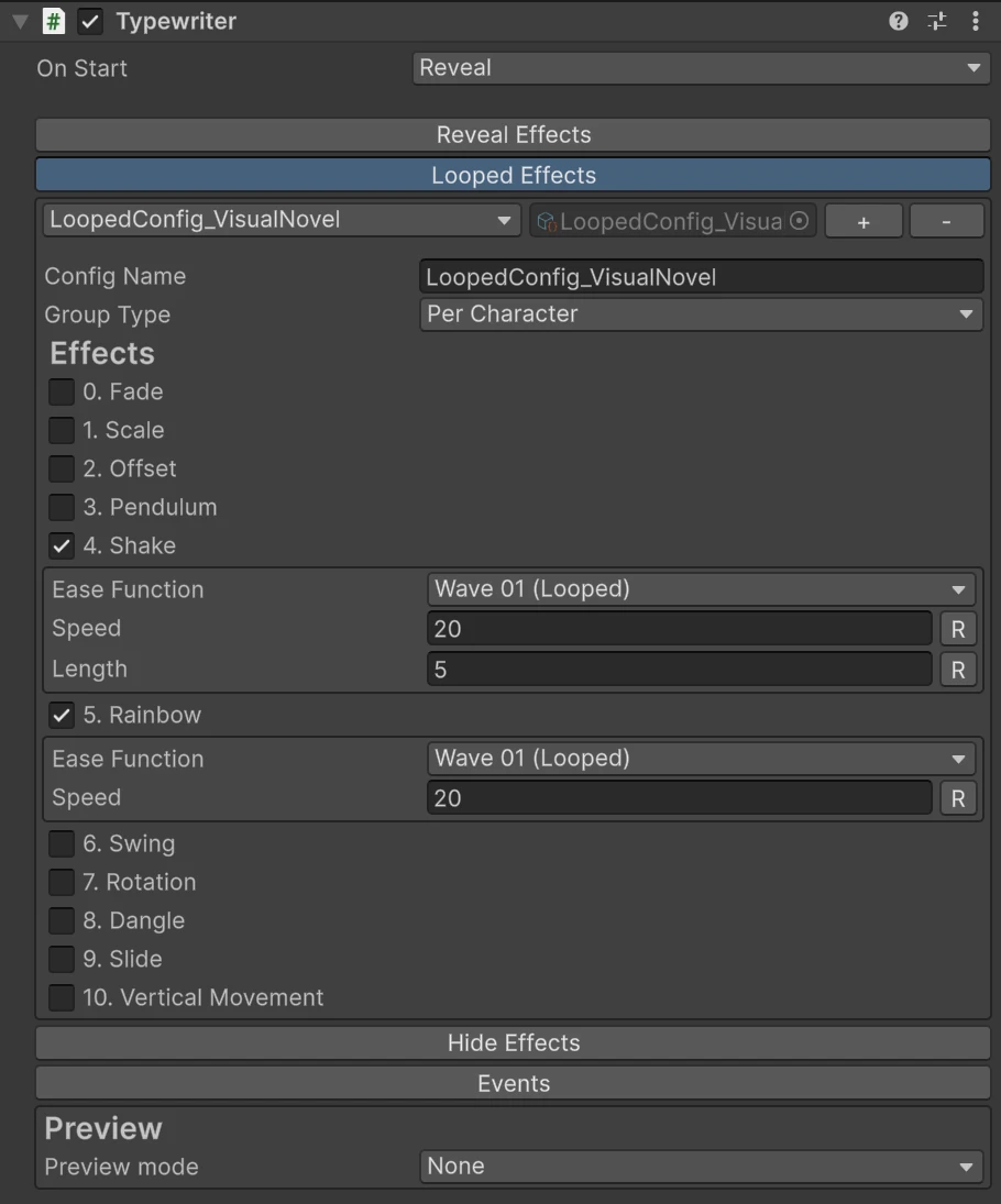 Looped Effects open, with Shake and Rainbow ticked and no order or speed fields
