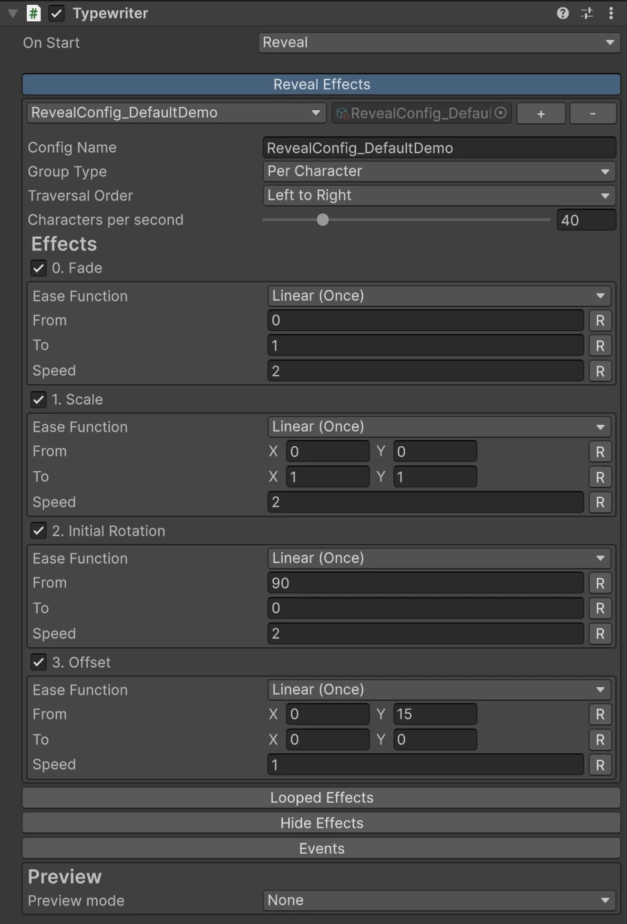 Reveal Effects open on an editable preset, with Fade, Scale, Initial Rotation and Offset ticked