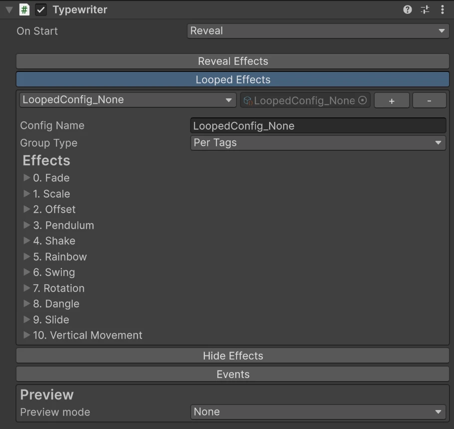 A looped preset set to Per Tags, listing every effect as a foldout
