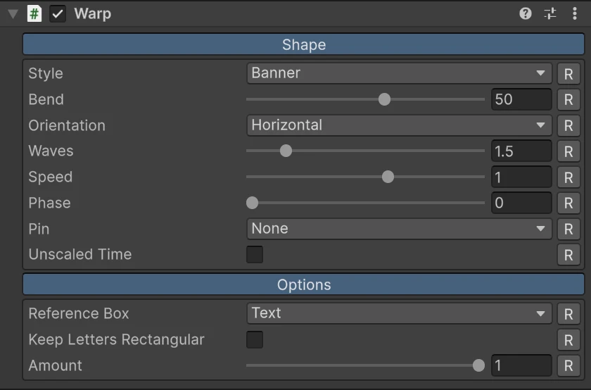 The Warp inspector with Banner's Waves, Speed, Phase, Pin and Unscaled Time