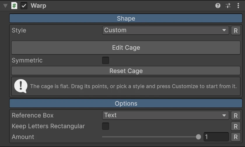 The Warp inspector with the Custom style: Edit Cage, Symmetric and Reset Cage