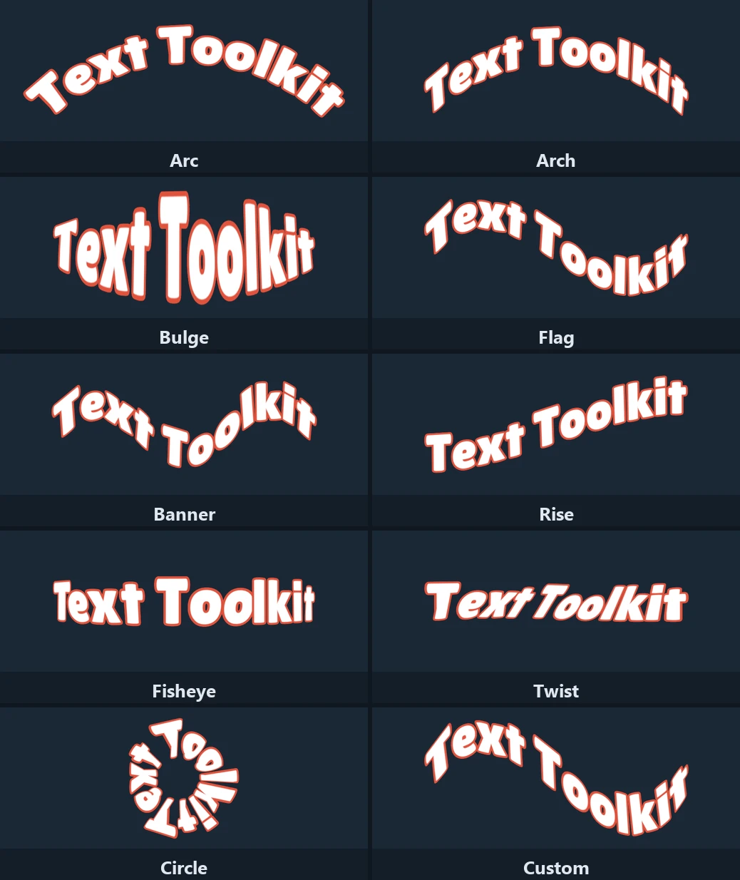 The ten main warp styles on the same word: Arc, Arch, Bulge, Flag, Banner, Rise, Fisheye, Twist, Circle and a Custom cage