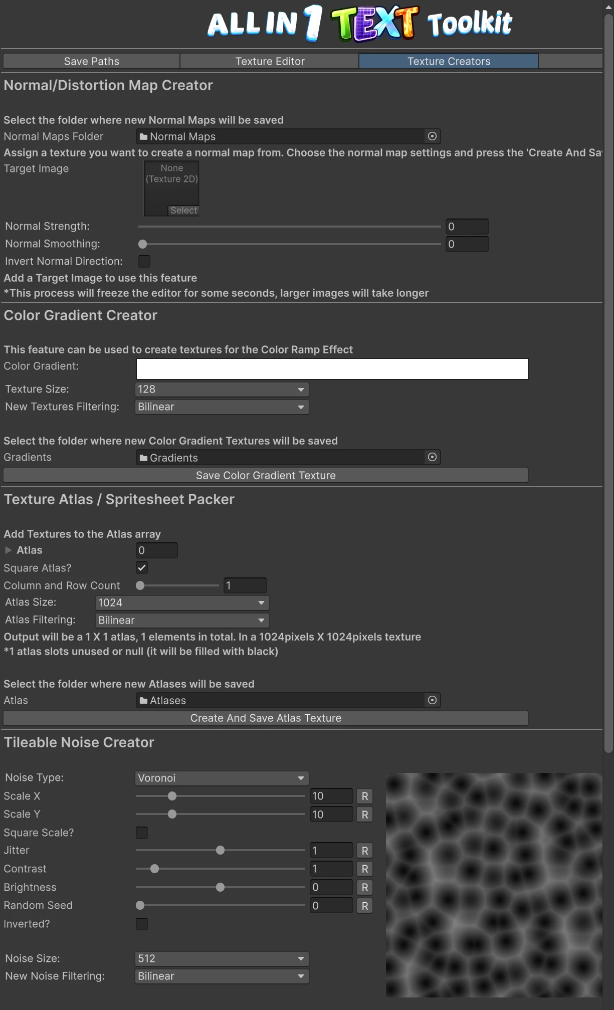 The Texture Creators tab: the normal map, gradient, atlas and noise creators